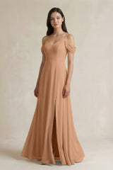 Off - the - Shoulder Chiffon A - Line Bridesmaid Dress in Bronzer - KISS BRIDAL Bridesmaid Dresses