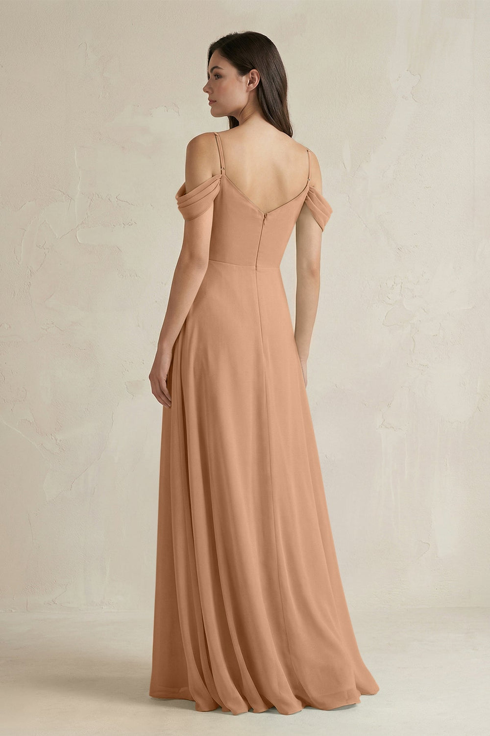 Off - the - Shoulder Chiffon A - Line Bridesmaid Dress in Bronzer - SHE IS ME Bridesmaid Dresses