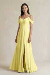 Off - the - Shoulder Chiffon A - Line Bridesmaid Dress in Buttercup - KISS BRIDAL Bridesmaid Dresses