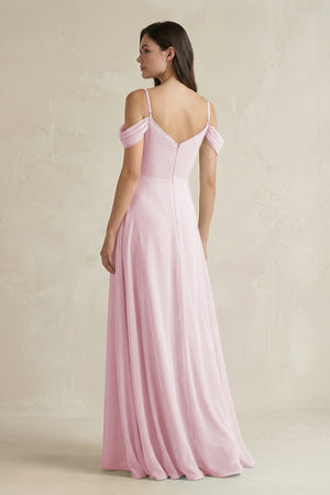 Off - the - Shoulder Chiffon A - Line Bridesmaid Dress in Candy Pink - SHE IS ME Bridesmaid Dresses