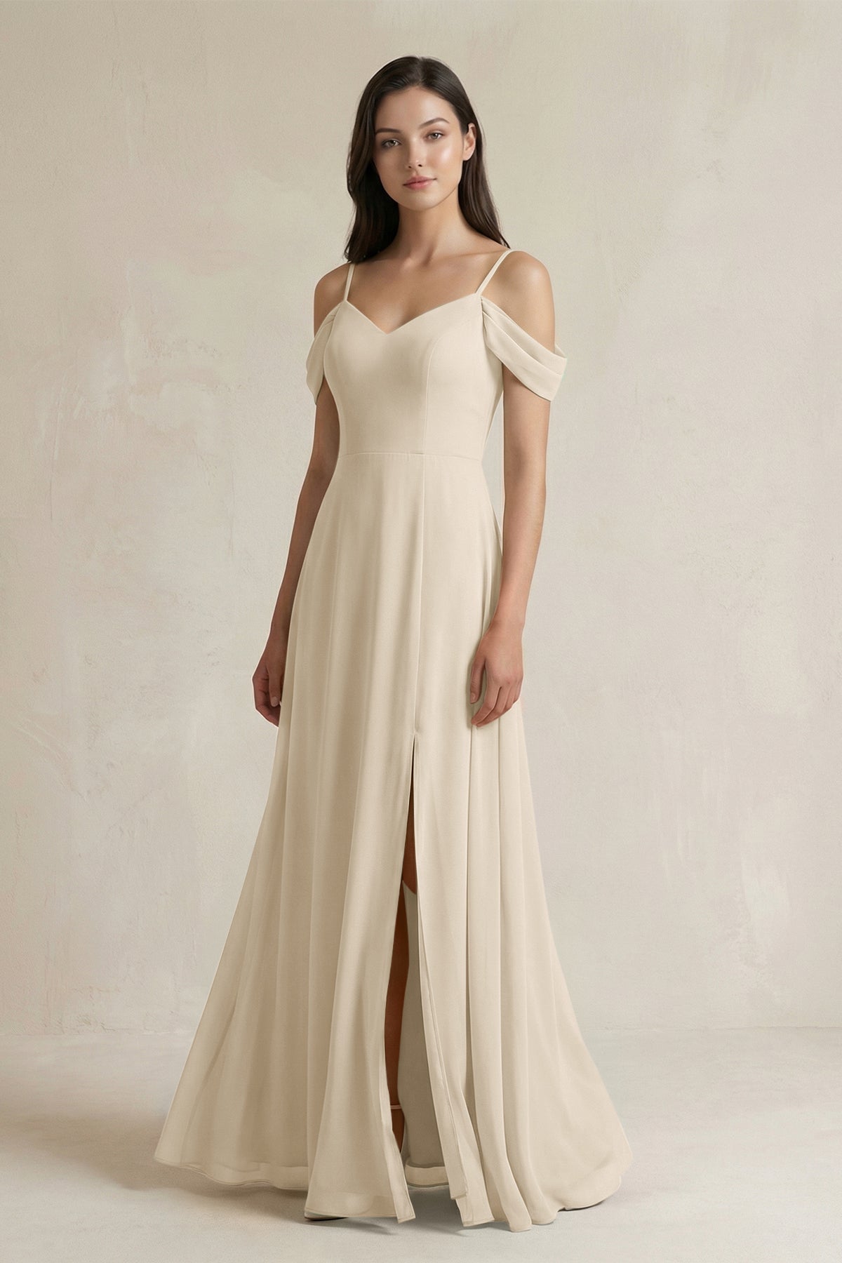 Off - the - Shoulder Chiffon A - Line Bridesmaid Dress in Champagne - KISS BRIDAL Bridesmaid Dresses