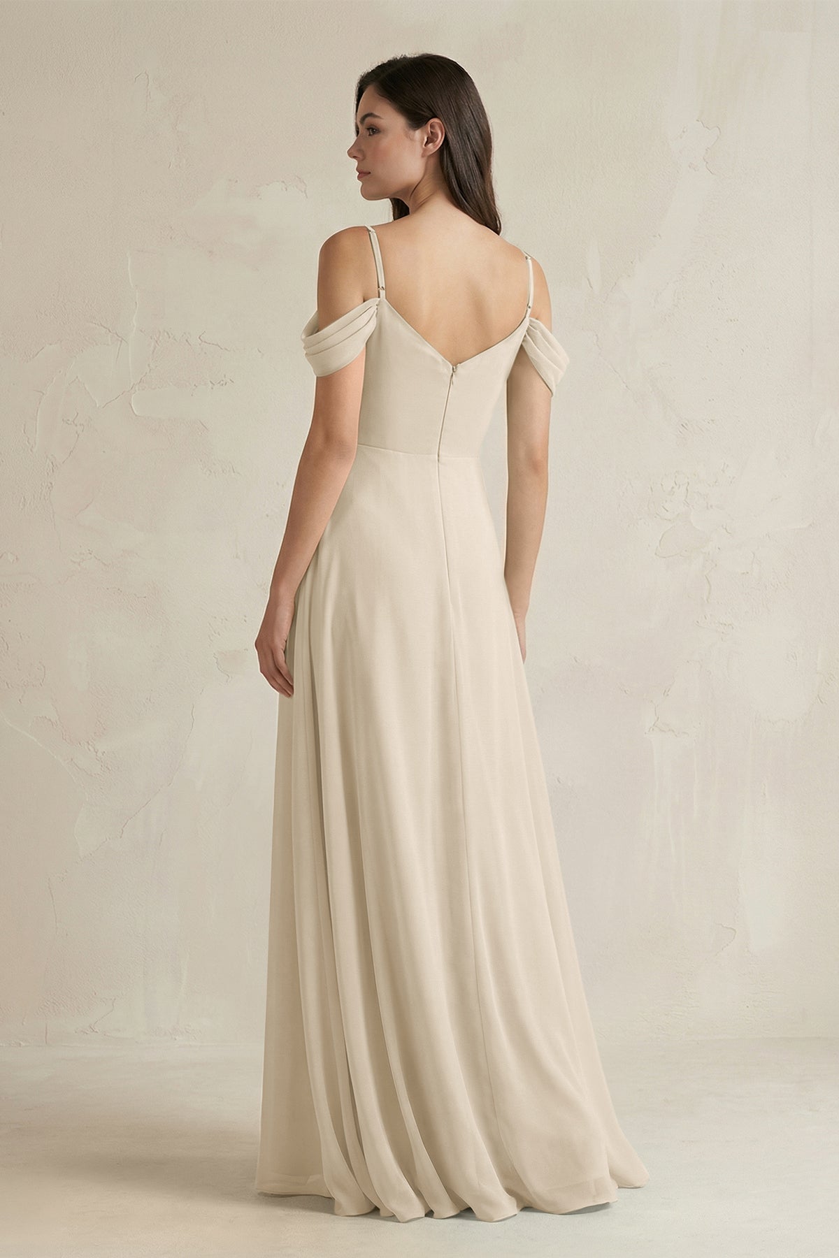 Off - the - Shoulder Chiffon A - Line Bridesmaid Dress in Champagne - KISS BRIDAL Bridesmaid Dresses