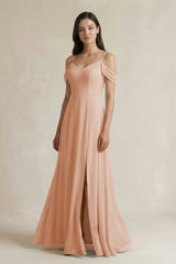 Off - the - Shoulder Chiffon A - Line Bridesmaid Dress in Champagne Rose - KISS BRIDAL Bridesmaid Dresses