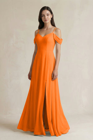 Off - the - Shoulder Chiffon A - Line Bridesmaid Dress in Cinnamon - SHE IS ME Bridesmaid Dresses