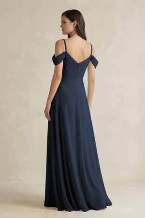 Off - the - Shoulder Chiffon A - Line Bridesmaid Dress in Dark Navy - SHE IS ME Bridesmaid Dresses