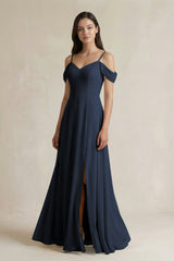 Off - the - Shoulder Chiffon A - Line Bridesmaid Dress in Dark Navy - KISS BRIDAL Bridesmaid Dresses