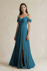 Off - the - Shoulder Chiffon A - Line Bridesmaid Dress in Dark Teal - KISS BRIDAL Bridesmaid Dresses