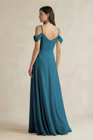 Off - the - Shoulder Chiffon A - Line Bridesmaid Dress in Dark Teal - SHE IS ME Bridesmaid Dresses