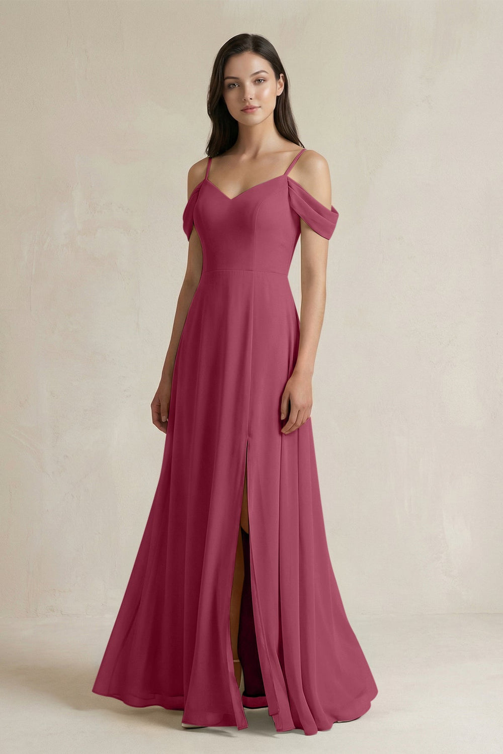 Off - the - Shoulder Chiffon A - Line Bridesmaid Dress in Desert Rose - SHE IS ME Bridesmaid Dresses