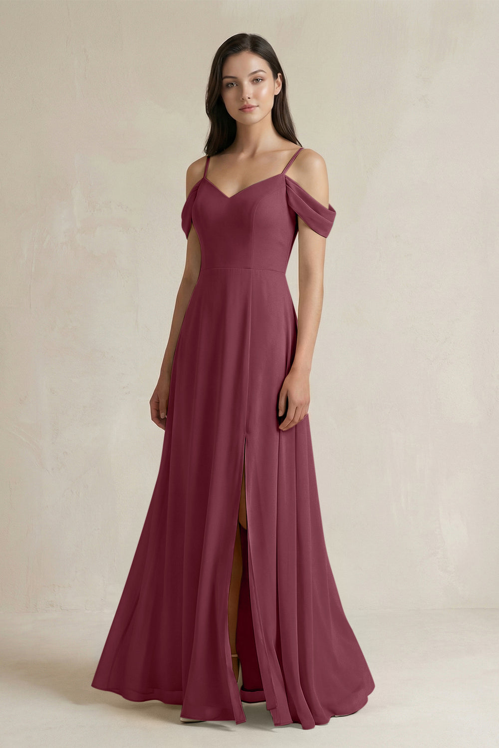 Off-the-Shoulder Chiffon A-Line Bridesmaid Dress in Desert Rose