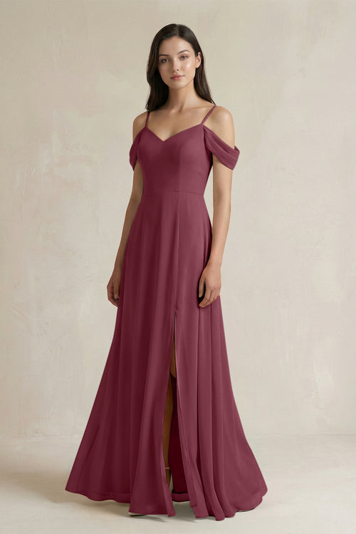 Off-the-Shoulder Chiffon A-Line Bridesmaid Dress in Desert Rose | KISSBRIDAL