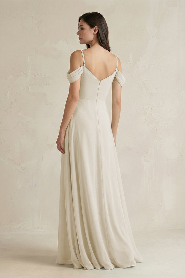 Off - the - Shoulder Chiffon A - Line Bridesmaid Dress in Dove Gray - SHE IS ME Bridesmaid Dresses
