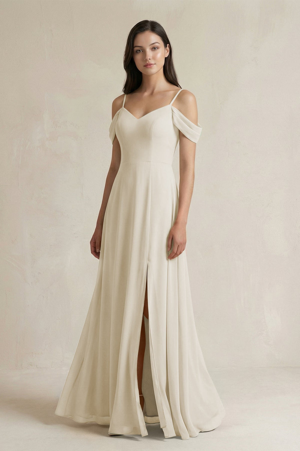 Off - the - Shoulder Chiffon A - Line Bridesmaid Dress in Dove Gray - SHE IS ME Bridesmaid Dresses