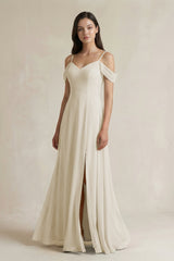 Off - the - Shoulder Chiffon A - Line Bridesmaid Dress in Dove Gray - KISS BRIDAL Bridesmaid Dresses