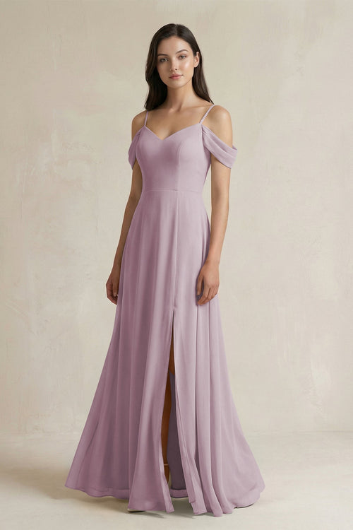 Off - the - Shoulder Chiffon A - Line Bridesmaid Dress in Dusk - SHE IS ME Bridesmaid Dresses