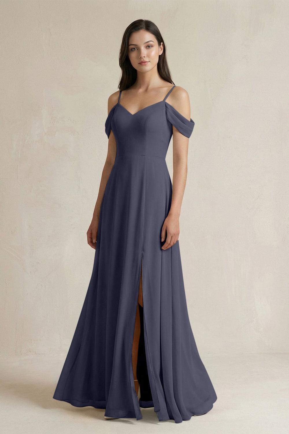 Off - the - Shoulder Chiffon A - Line Bridesmaid Dress in Dusk Blue - SHE IS ME Bridesmaid Dresses
