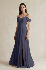 Off - the - Shoulder Chiffon A - Line Bridesmaid Dress in Dusk Blue - KISS BRIDAL Bridesmaid Dresses