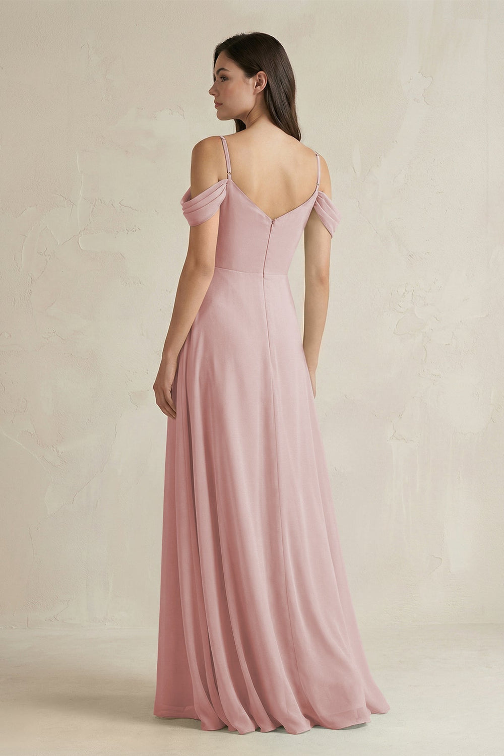 Off - the - Shoulder Chiffon A - Line Bridesmaid Dress in Dusty Rose - SHE IS ME Bridesmaid Dresses