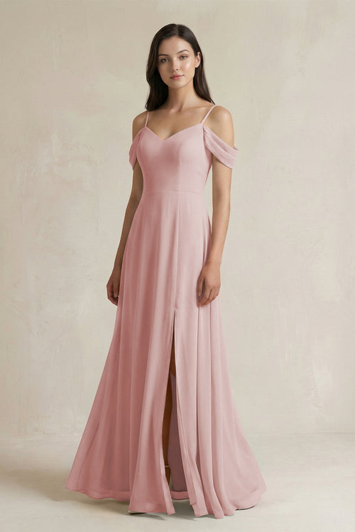 Off - the - Shoulder Chiffon A - Line Bridesmaid Dress in Dusty Rose - SHE IS ME Bridesmaid Dresses