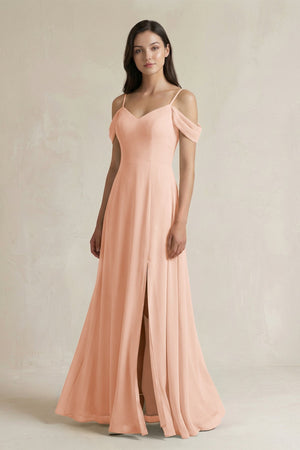 Off - the - Shoulder Chiffon A - Line Bridesmaid Dress in English Rose - SHE IS ME Bridesmaid Dresses