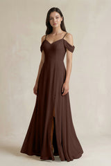 Off - the - Shoulder Chiffon A - Line Bridesmaid Dress in Espresso - KISS BRIDAL Bridesmaid Dresses