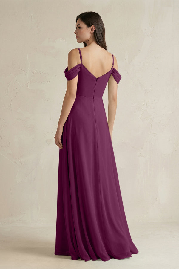 Off - the - Shoulder Chiffon A - Line Bridesmaid Dress in Fig - SHE IS ME Bridesmaid Dresses