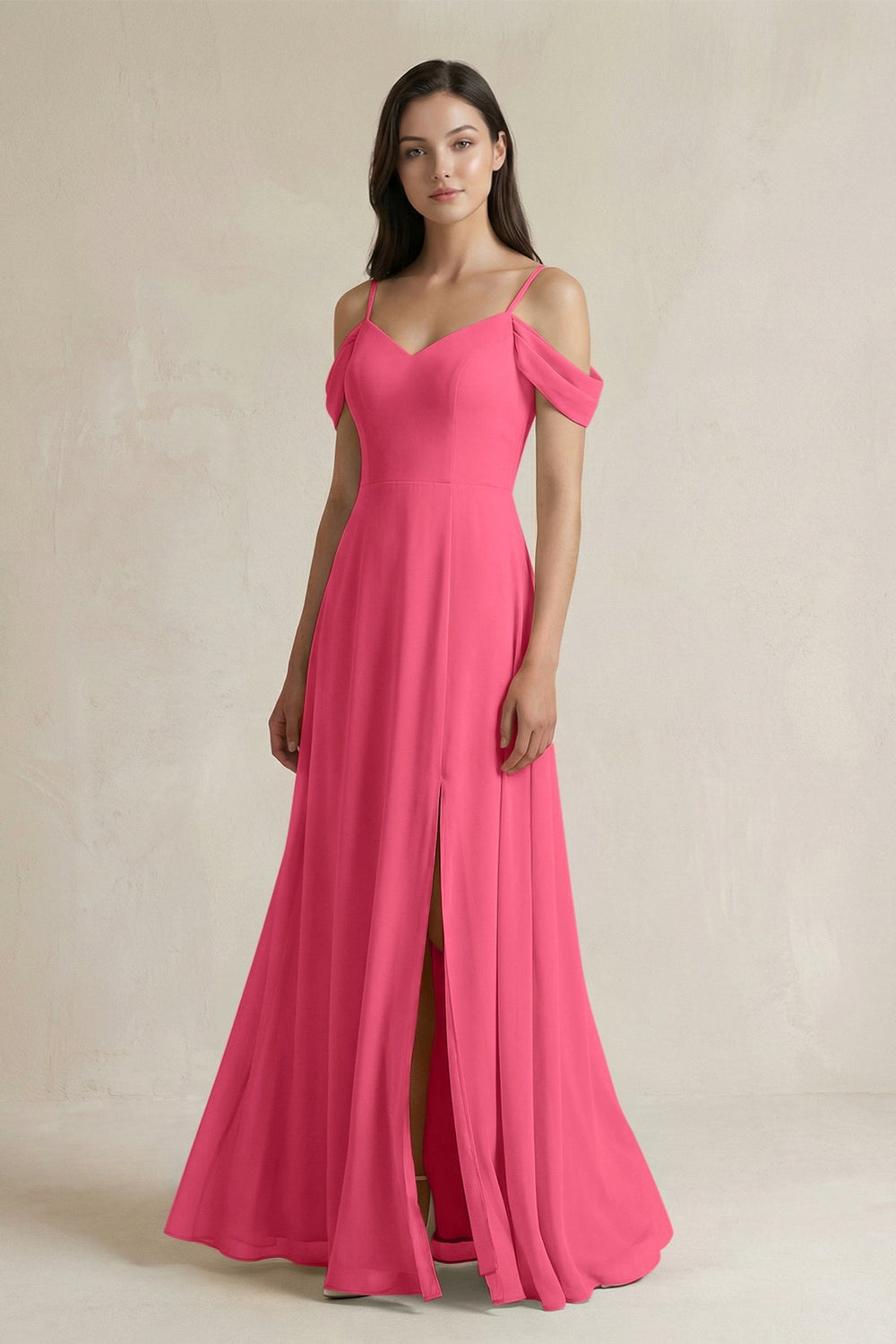 Off - the - Shoulder Chiffon A - Line Bridesmaid Dress in Fuchsia - SHE IS ME Bridesmaid Dresses