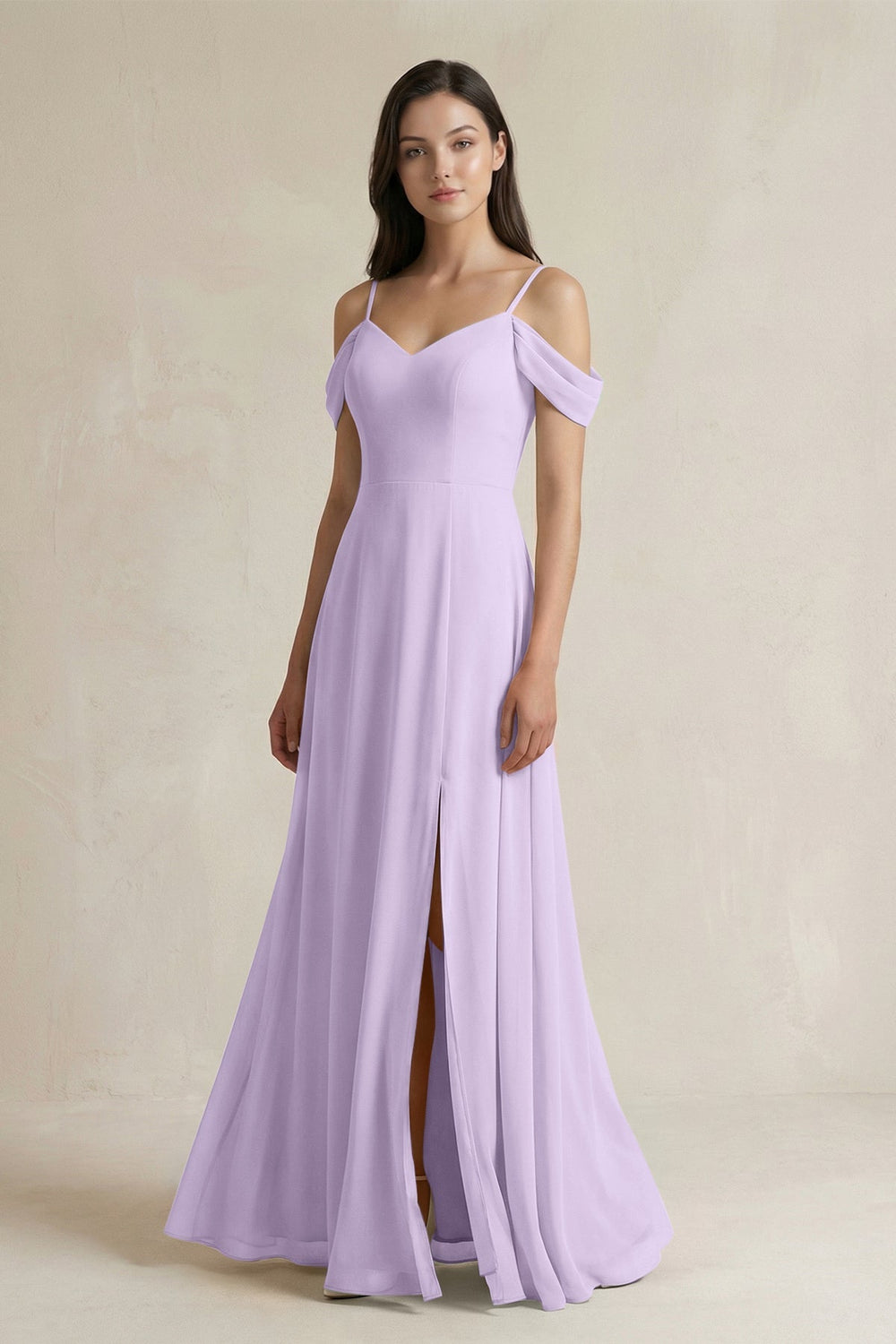 Off - the - Shoulder Chiffon A - Line Bridesmaid Dress in Lavender - SHE IS ME Bridesmaid Dresses
