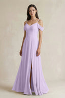 Off - the - Shoulder Chiffon A - Line Bridesmaid Dress in Lavender - SHE IS ME Bridesmaid Dresses