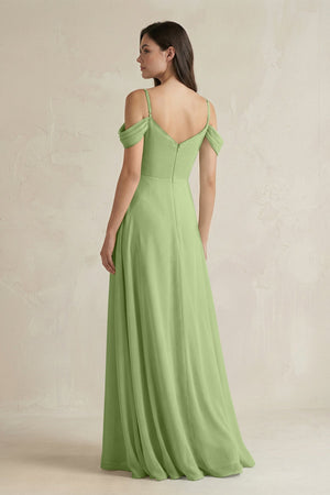Off - the - Shoulder Chiffon A - Line Bridesmaid Dress in Matcha - SHE IS ME Bridesmaid Dresses