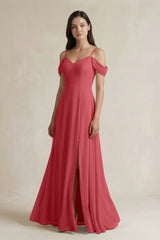 Off - the - Shoulder Chiffon A - Line Bridesmaid Dress in Merlot - KISS BRIDAL Bridesmaid Dresses