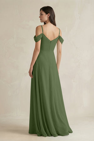 Off-the-Shoulder Chiffon A-Line Bridesmaid Dress in Moss (2) | KISSBRIDAL