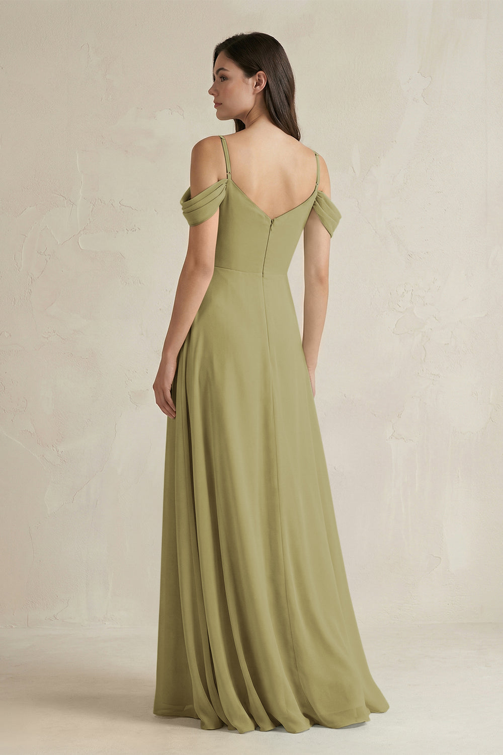 Off-the-Shoulder Chiffon A-Line Bridesmaid Dress in Moss Green