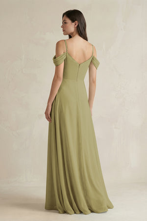 Off-the-Shoulder Chiffon A-Line Bridesmaid Dress in Moss Green (2) | KISSBRIDAL