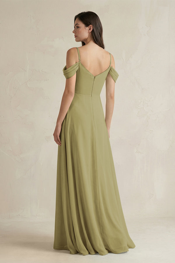 Off-the-Shoulder Chiffon A-Line Bridesmaid Dress in Moss Green (2) | KISSBRIDAL