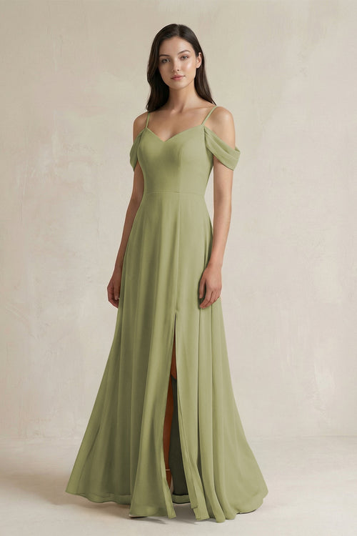 Off - the - Shoulder Chiffon A - Line Bridesmaid Dress in Moss Green - SHE IS ME Bridesmaid Dresses