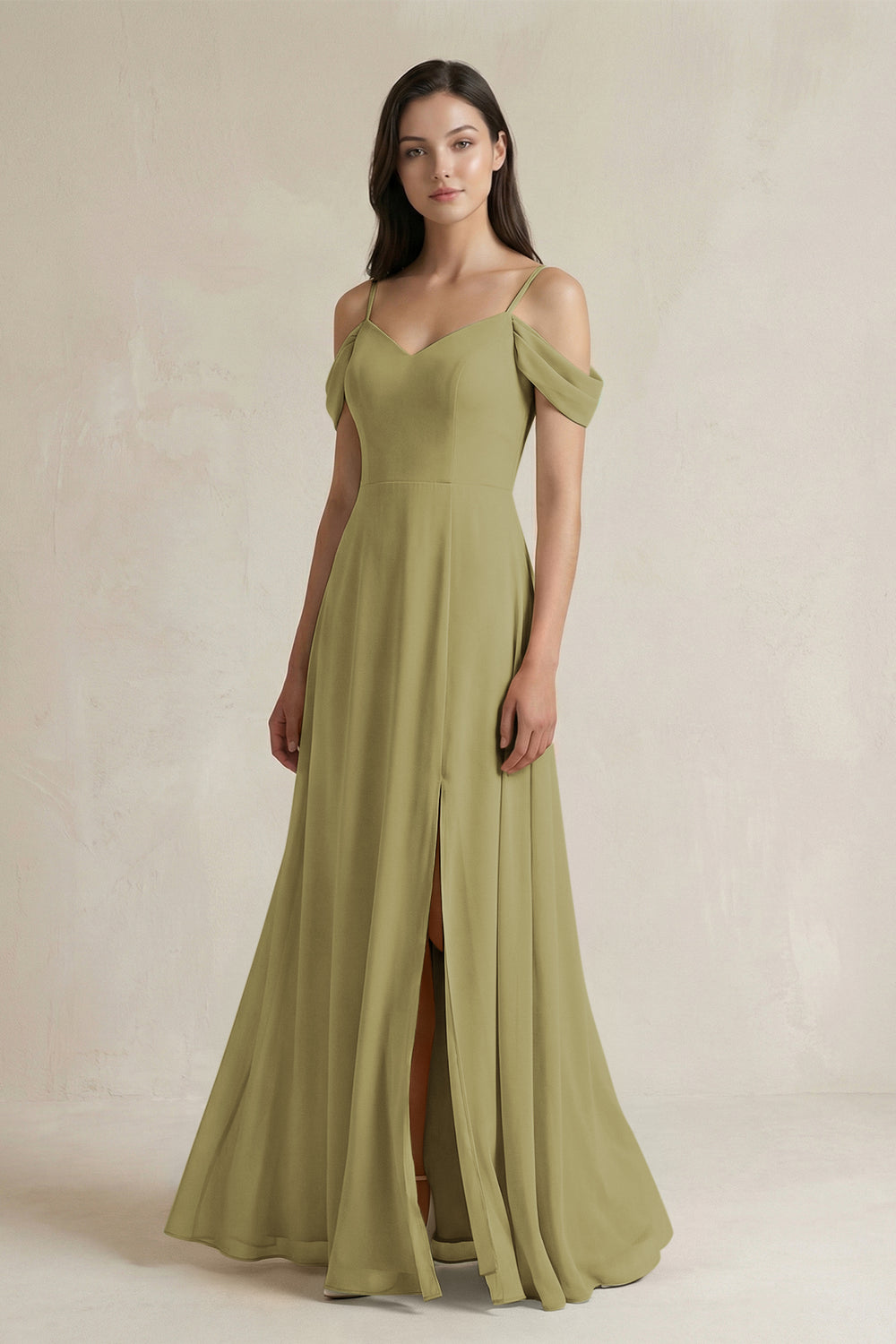 Off-the-Shoulder Chiffon A-Line Bridesmaid Dress in Moss Green