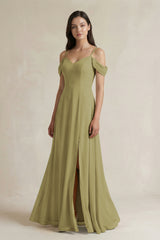 Off-the-Shoulder Chiffon A-Line Bridesmaid Dress in Moss Green | KISSBRIDAL