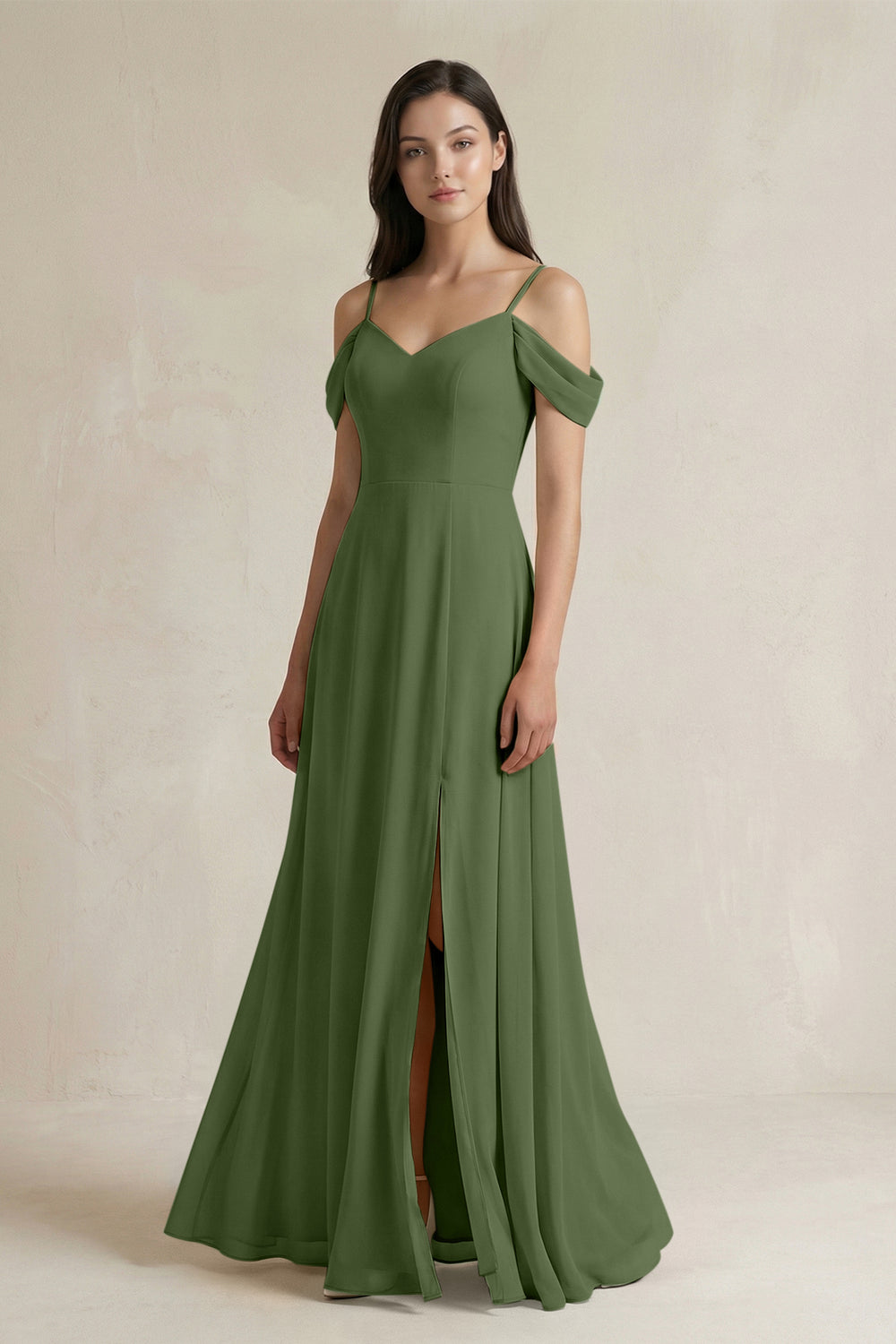 Off-the-Shoulder Chiffon A-Line Bridesmaid Dress in Moss