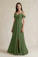 Off-the-Shoulder Chiffon A-Line Bridesmaid Dress in Moss | KISSBRIDAL