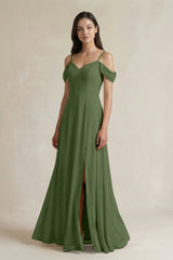 Off-the-Shoulder Chiffon A-Line Bridesmaid Dress in Moss | KISSBRIDAL