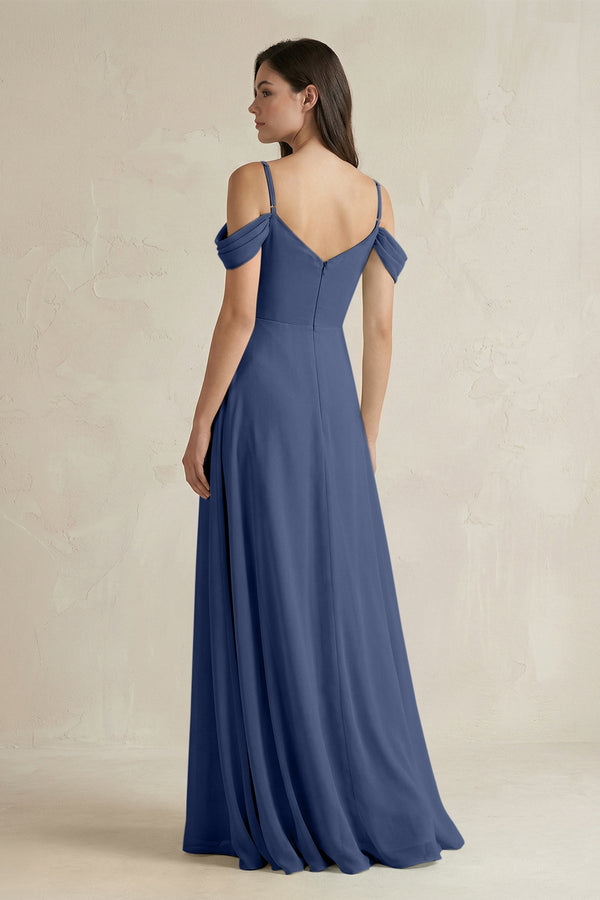 Off - the - Shoulder Chiffon A - Line Bridesmaid Dress in Navy - SHE IS ME Bridesmaid Dresses