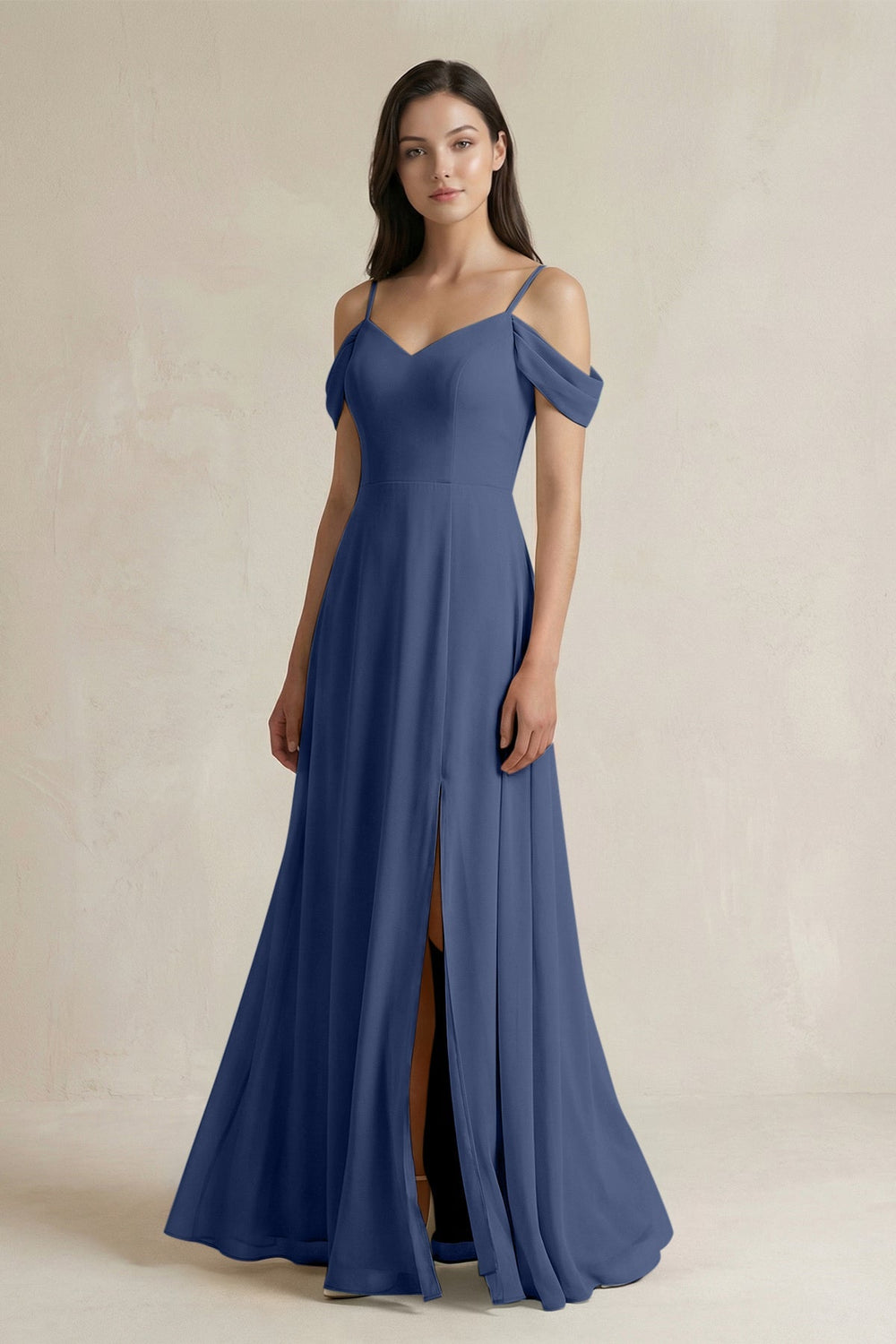 Off - the - Shoulder Chiffon A - Line Bridesmaid Dress in Navy - SHE IS ME Bridesmaid Dresses