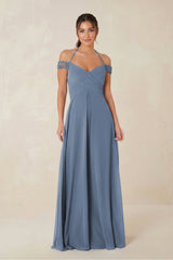 Off - the - Shoulder Chiffon A - Line Bridesmaid Dress in Neptune - KISS BRIDAL Bridesmaid Dresses