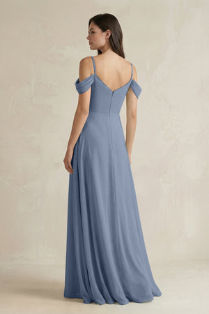 Off - the - Shoulder Chiffon A - Line Bridesmaid Dress in Neptune - SHE IS ME Bridesmaid Dresses