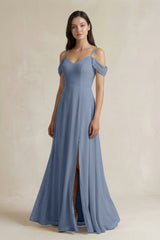 Off - the - Shoulder Chiffon A - Line Bridesmaid Dress in Neptune - KISS BRIDAL Bridesmaid Dresses