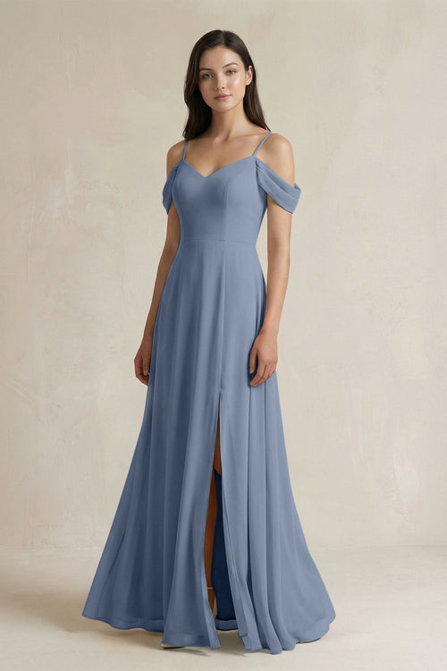 Off - the - Shoulder Chiffon A - Line Bridesmaid Dress in Neptune - SHE IS ME Bridesmaid Dresses