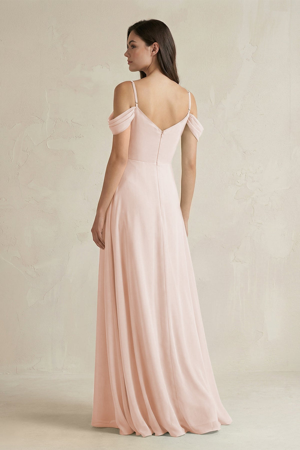 Off - the - Shoulder Chiffon A - Line Bridesmaid Dress in Pale Blush - SHE IS ME Bridesmaid Dresses
