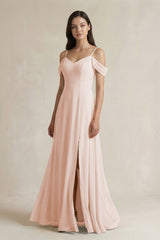 Off - the - Shoulder Chiffon A - Line Bridesmaid Dress in Pale Blush - KISS BRIDAL Bridesmaid Dresses