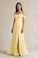 Off - the - Shoulder Chiffon A - Line Bridesmaid Dress in Pastel Yellow - KISS BRIDAL Bridesmaid Dresses